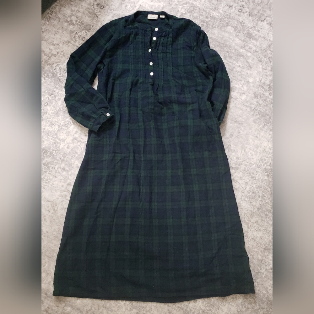 LL BEAN Blue And Green Plaid Nightgown, Size Med.